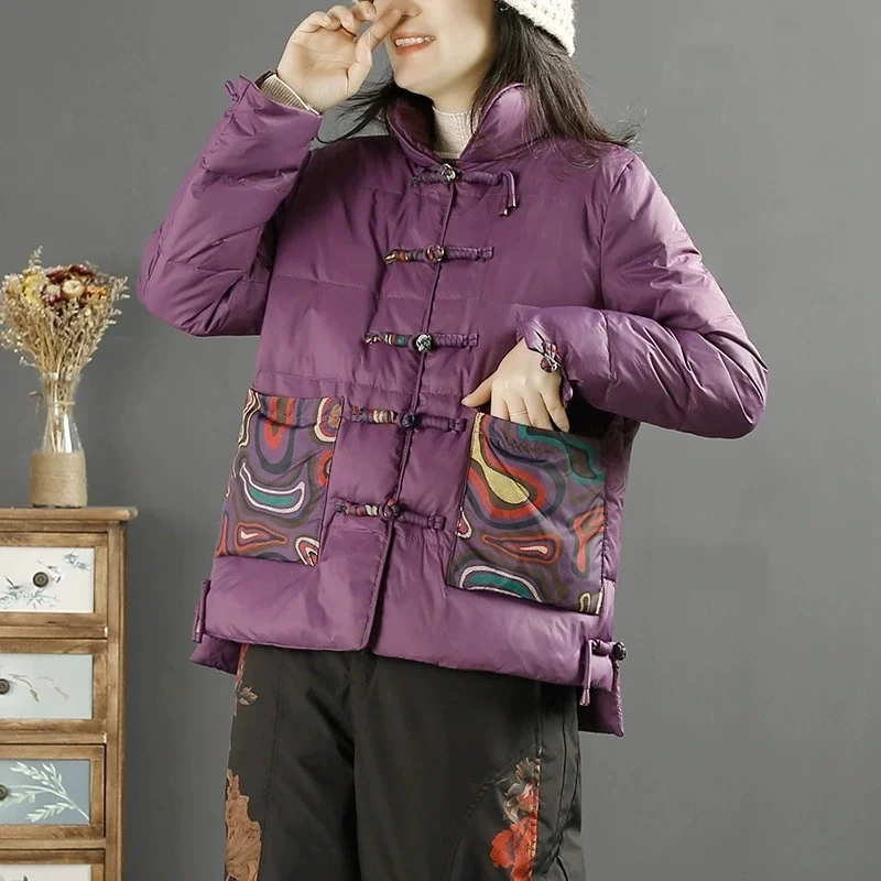 Chinese Style Vintage Women Print Buckle Down Coat Winter Warm Light White Duck Down Jacket Parkas Female Short Puffer Outwears