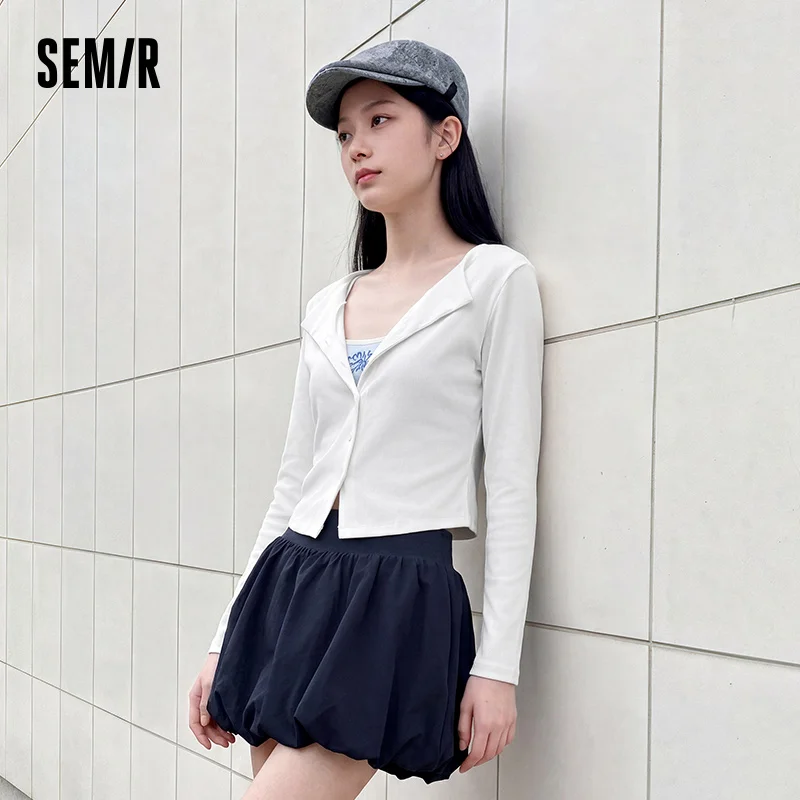 Semir Women Tshirt Long Sleeve Short Lapel Slim Solid Button Front Smart Casual Style Autumn Top Daily Wear 2026