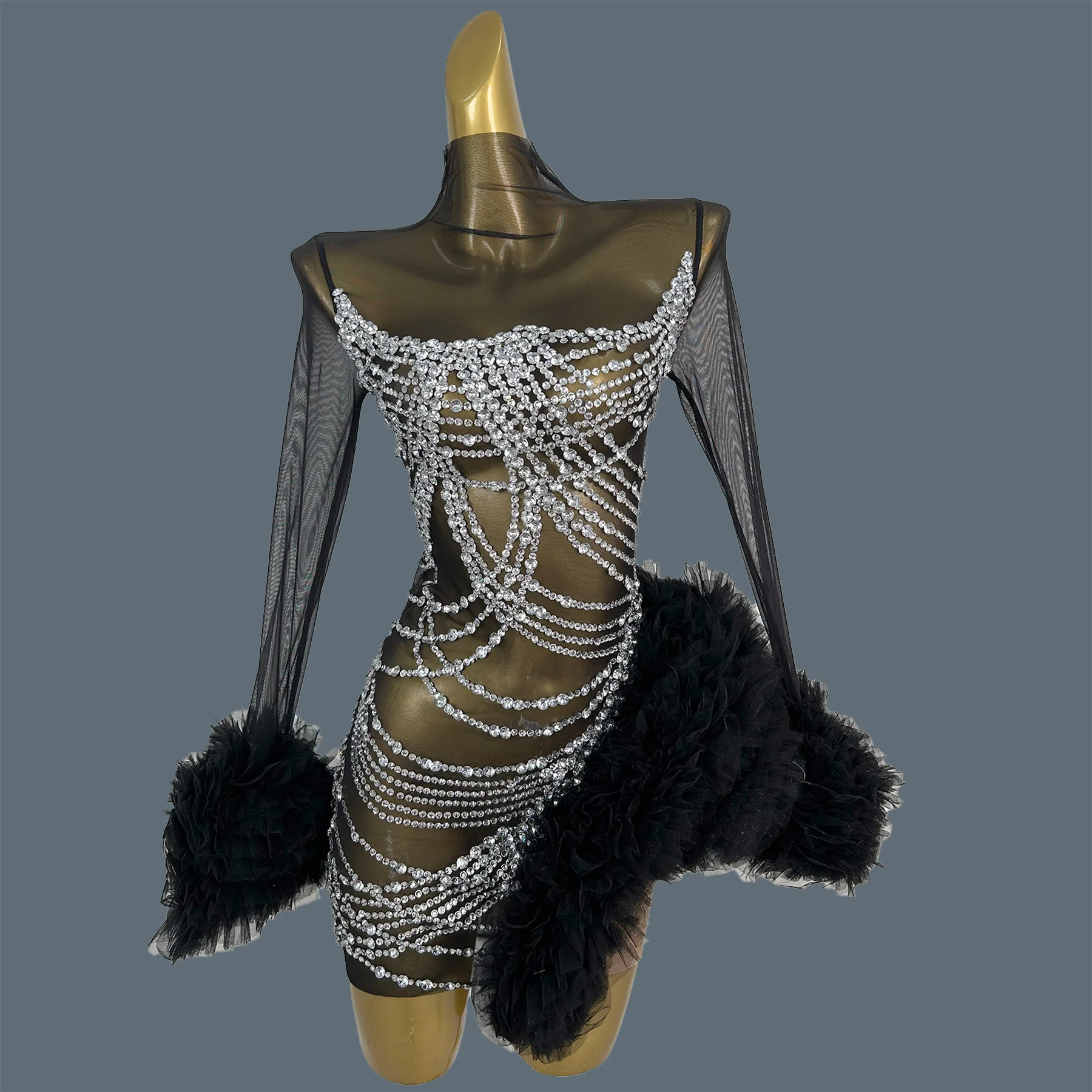 

Sexy Women Sparkly Rhinestone Black See Through Mesh Mini Dress Dance Crystals Outfit Club Show Wear Birthday Party Dress Gaoao