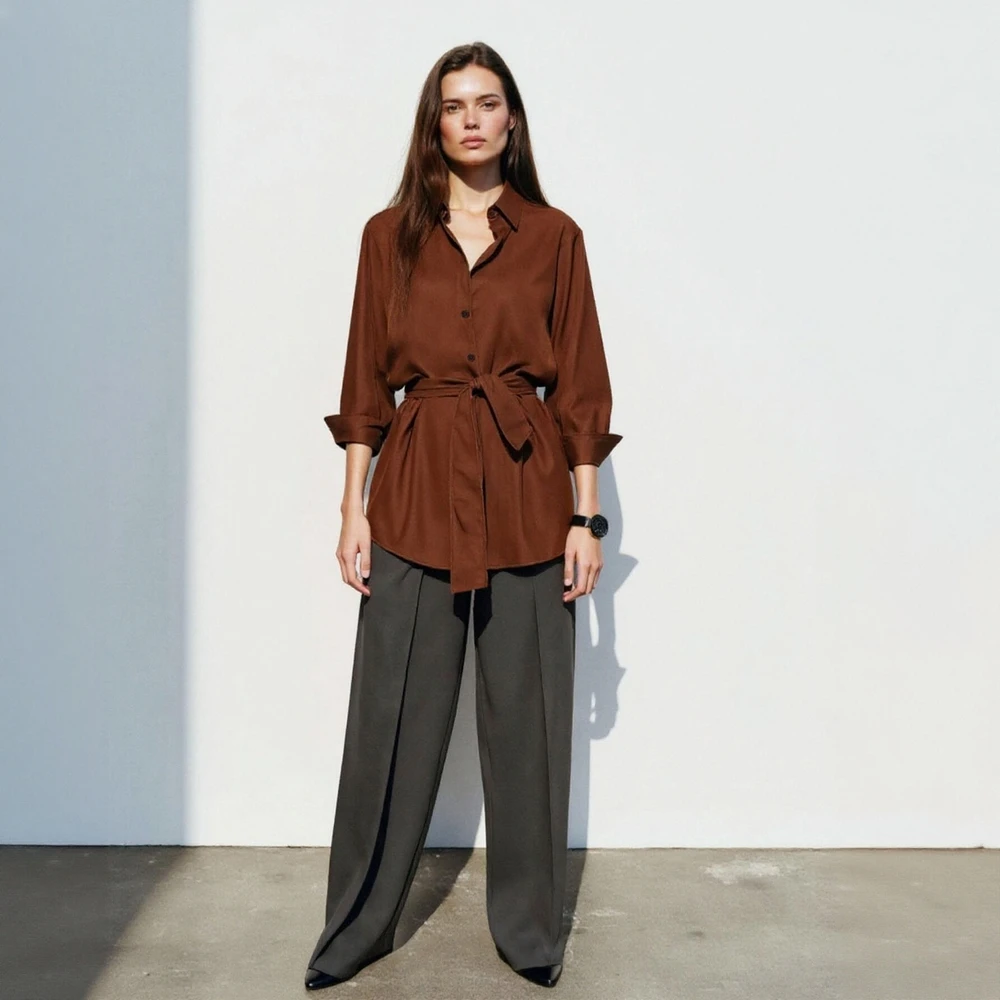 レディース長袖シャツ 無地 レースアップカラー レギュラーフィット オフィスレディトップス 秋用