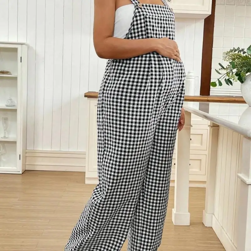 Maternity Overalls Plaids Pattern Lightweight Elastic Comfortable for Pregnancy Women All Season Wear Polyester Fabric A2UB