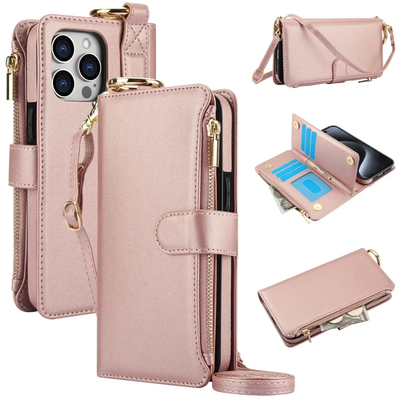 

With Shoulder Strap Card Slots Holder Wallet Flip Case for IPhone 15 14 13 12 11 Pro Max Plus XS XR X 15Pro I Phone Bag Cover