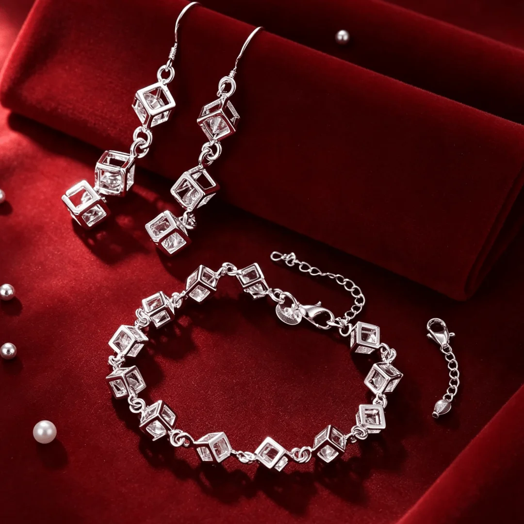 Unique Versatile Jewelry Sets 925 Sterling Silver Temperament Crystal Square Lattice Bracelets Earrings for Women Party Fashion