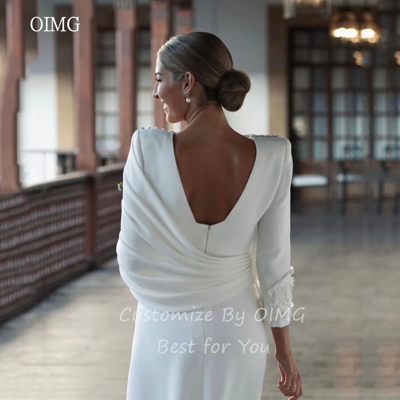 OIMG エレガントなアイボリーマーメイドウェディングドレスアップリケ長袖花嫁ドレス床の長さのウェディングドレスカスタマイズ