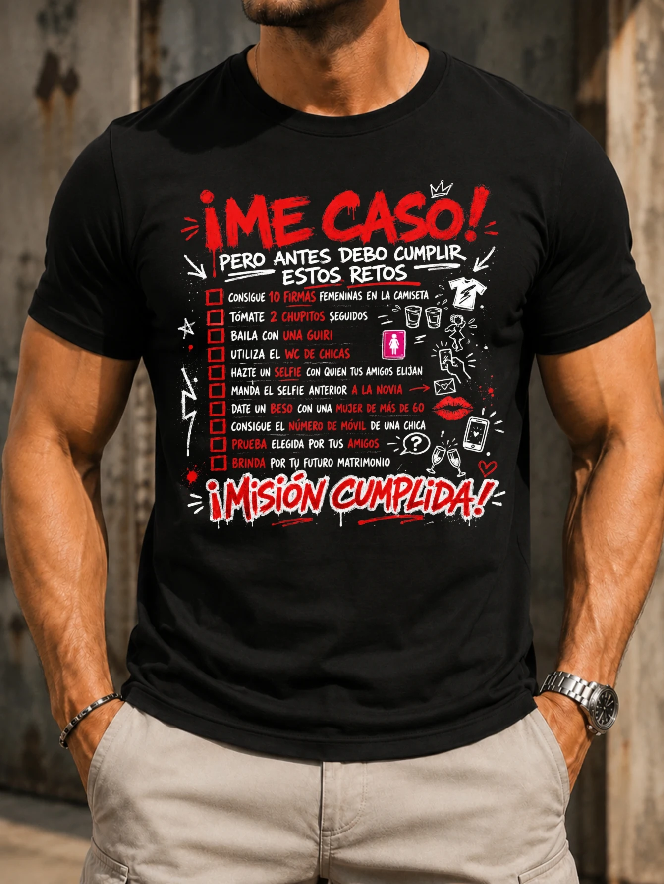 Spanish bachelor challenge graffiti checklist red  icons wedding party tasks and bold mission text  Unisex All T-Shirt