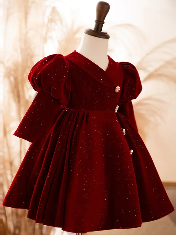 Vestido infantil de veludo manga comprida, traje de princesa do bebê, roupa de festa para o Natal, kawaii, primeiro aniversário das crianças