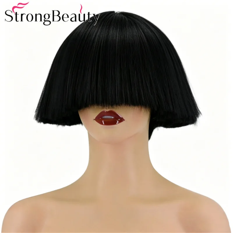 

StrongBeauty Short Straight Synthetic Wigs Black Mushroom Head Wig Heat Ok Hair