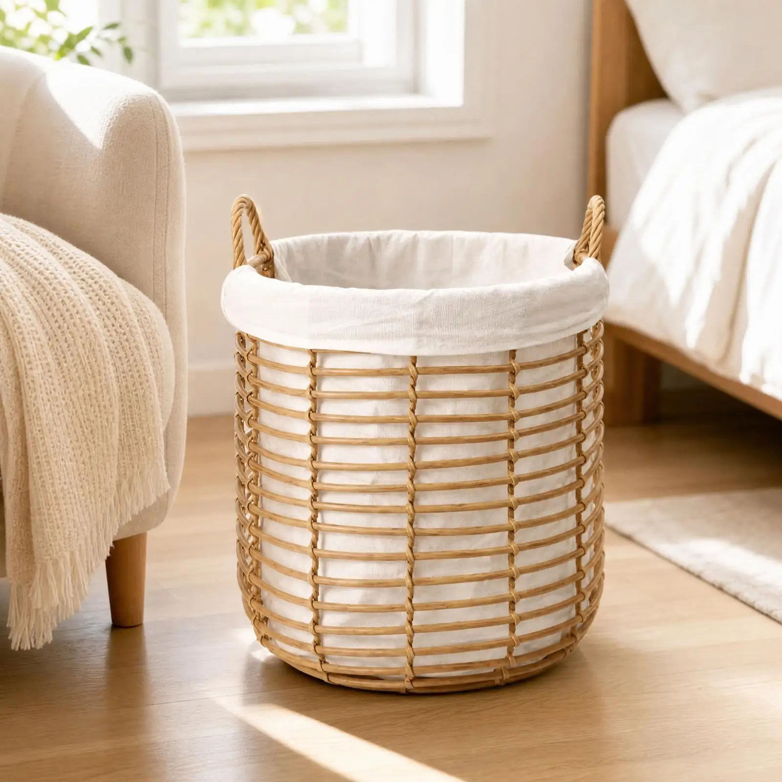 Handwoven Wicker Laundry Basket with Linen Liner and Sturdy Metal Frame for Bedroom Organization