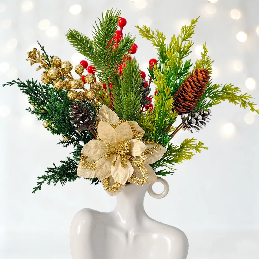 

Искусственные рождественские пуансеттии, искусственные цветы, ягоды, ветки соснового стебля, сосновые шишки, цветочная композиция «сделай сам», праздничный декор