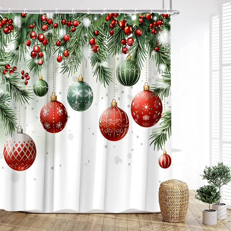 Christmas Shower Curtain Red Xmas Balls Green Pine Boughs Snowflakes Modern New Year Home Bathroom Decor Bath Curtain With Hooks