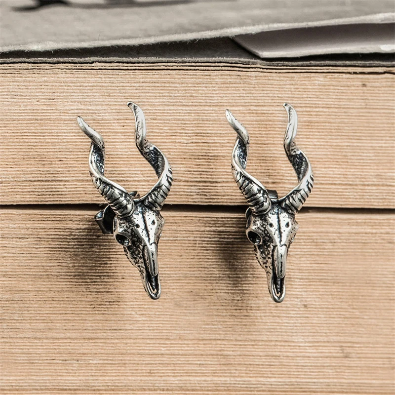 YIZIZAI 100% 925 Sterling Silver Sheep Head Earrings for Women Men Vintage Gothic Punk Dark Style Studs Ear Jewelry Gifts