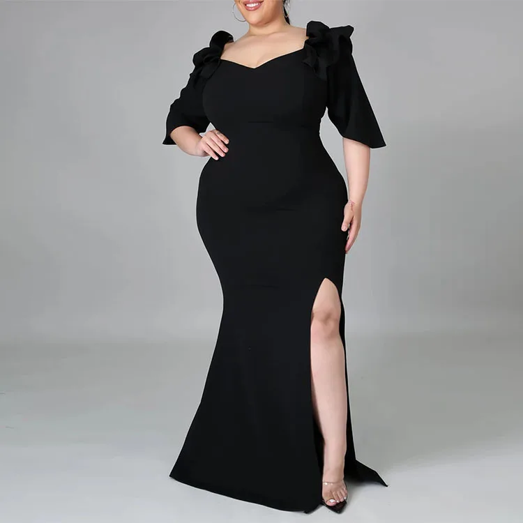 Plus Size Women Elegant Dresses Fashion Casual Solid Color Ruffle Long Dress Large Size Female Party Evening Dresses 2024 New