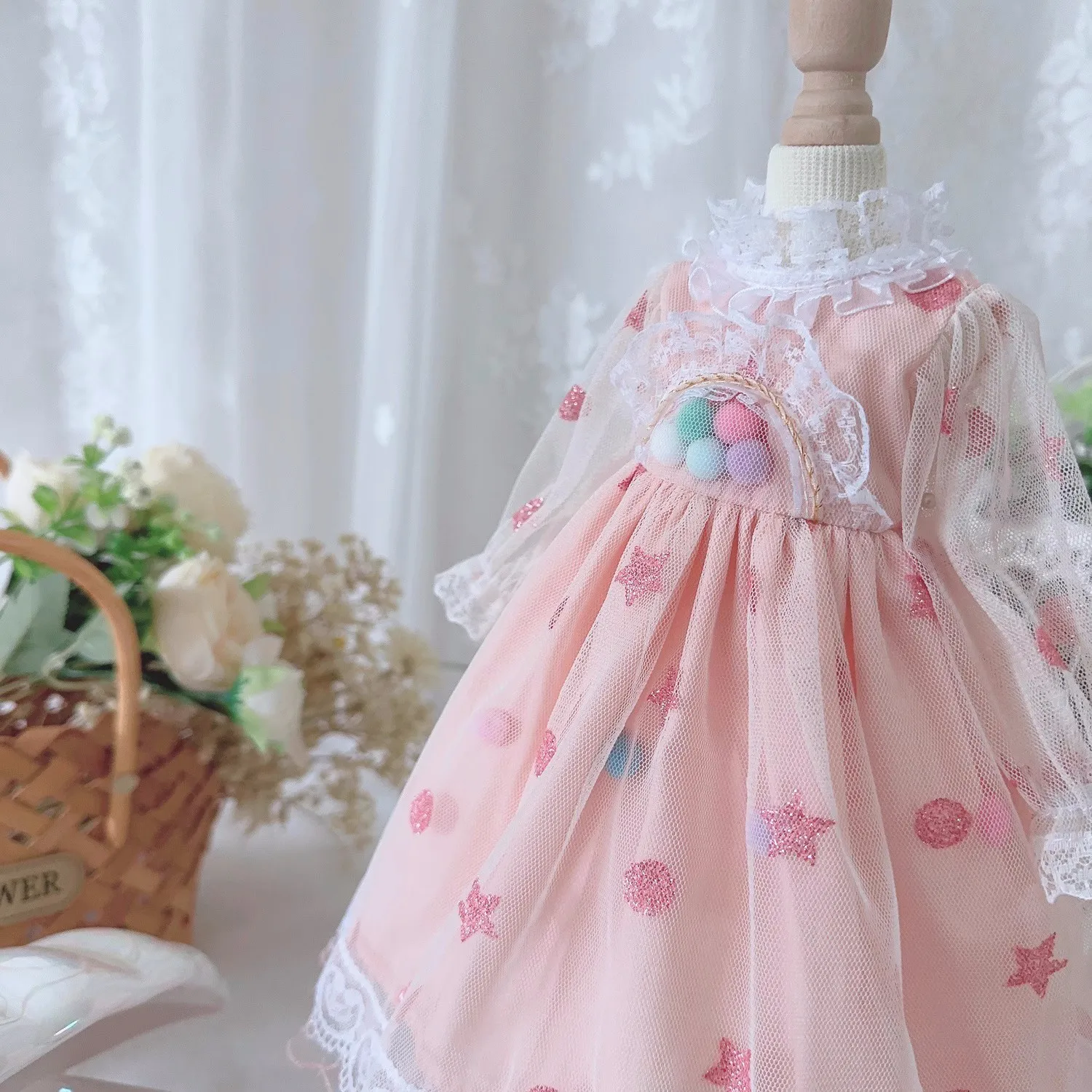 BJD Doll clothes Suitable for 1/3 1/4 1/6 size lace high neck long sleeve dress doll accessories pink