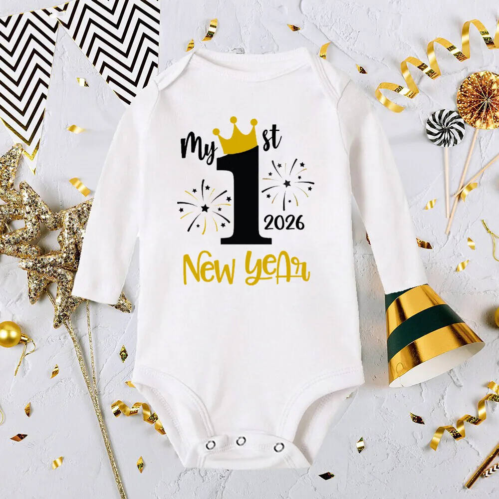 بلدي 1st السنة الجديدة الوليد الطفل رومبير مرحبا 2026 السنة الجديدة الأبيض طويلة الأكمام طفل Playsuits السروال القصير صبي فتاة الملابس