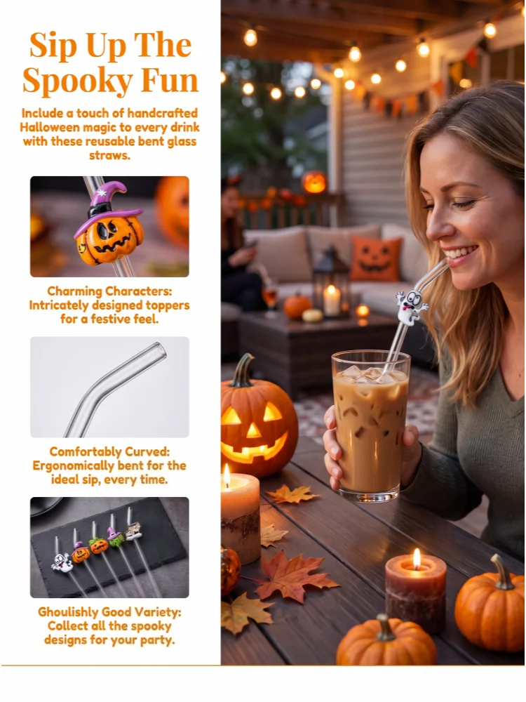 3/5PCS Glass Straw with Halloween Pumpkin Ghost Decor, Spooky Table Ornament for Hot Cold Drinks & Party Decor view 4
