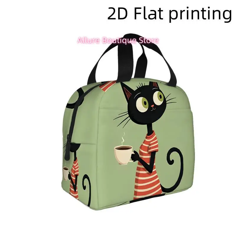 2D Flat Printing, 1pc, Black Cat in Striped Dress Sipping Coffee with Green Eyes. Printed Insulated Cooler Bag - Reusable Portab