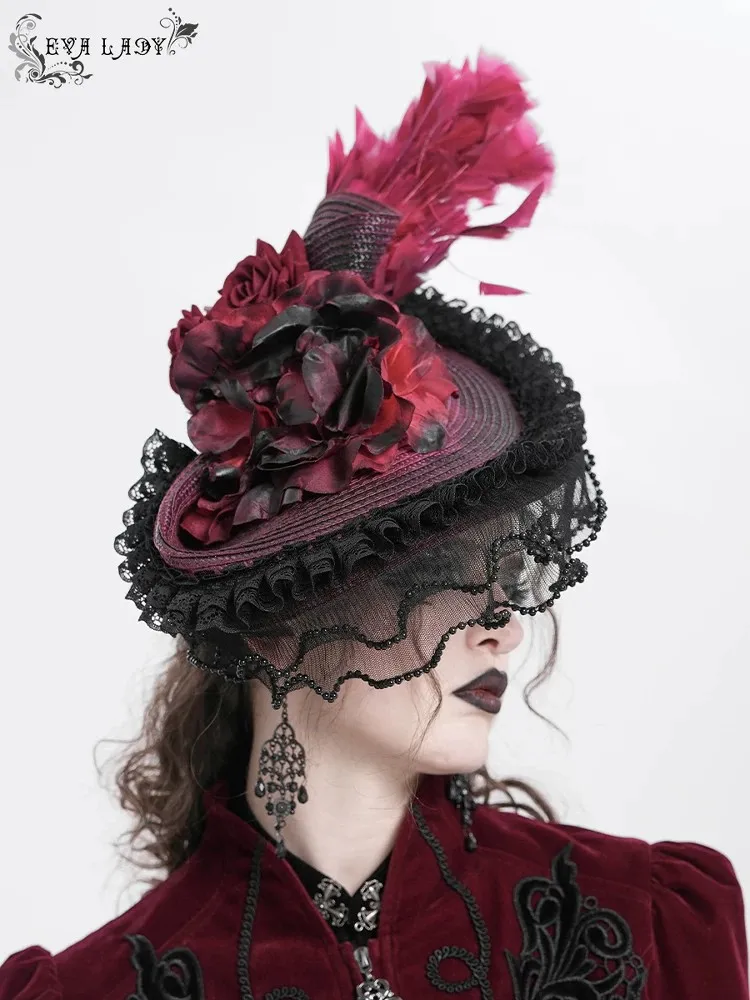 Eva Lady Gothic Feather Flower Straw Headband Half‑Style Straw Hat Headpiece Vintage Victorian Goth Hair Accessory for Cosplay