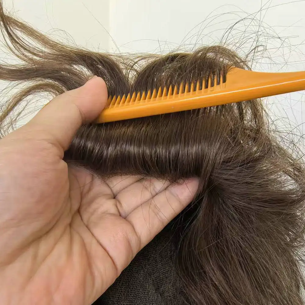 قطعة شعر بشري بنية اللون باللون الأحمر مقاس 7 × 9 بوصة، نظام شعر بشري بدانتيل سويسري كامل #4