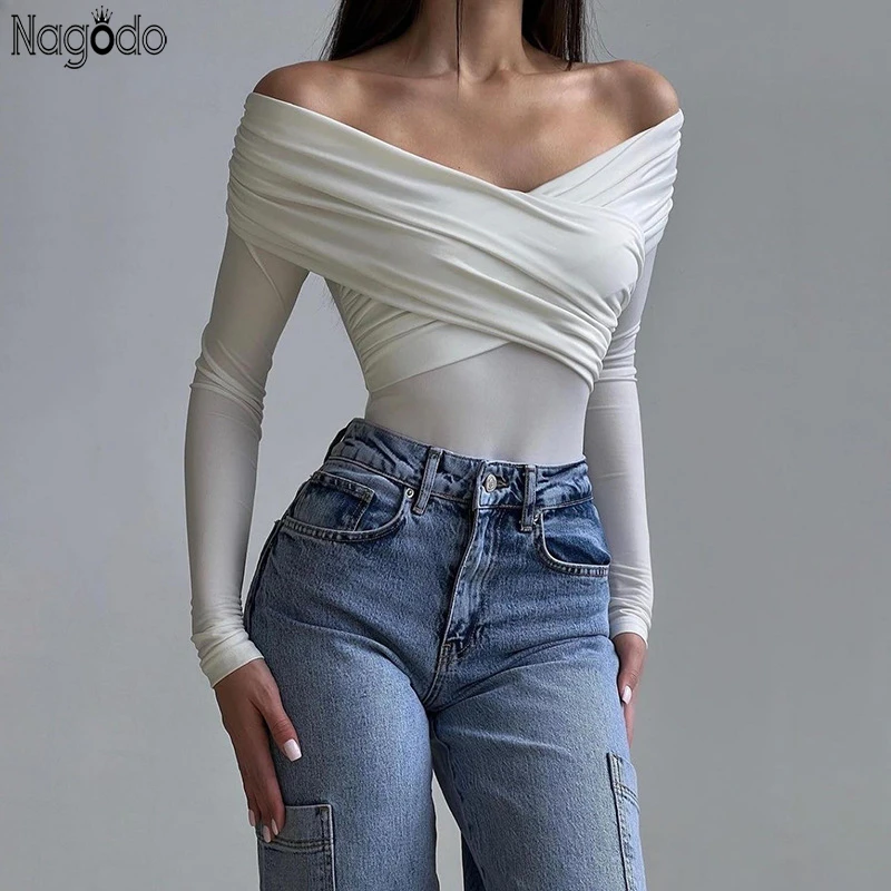 

Sexy Bodysuits Women Long Sleeve Streetwear Off-Shoulder High Waist T Shirts Solid Casual Slim Sheath Rompers Cross Folds Tops