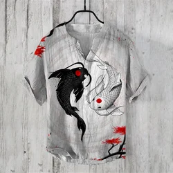 Men's summer new style Chinese yin-yang fish art pattern printed shirt, high-quality linen fabric short sleeved top shirt