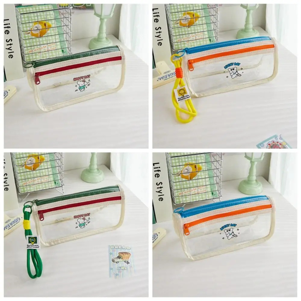 Trousse à Crayons en PVC Transparent pour Documents Abonnés, Sac à Stylos Double Couches, Imprimé Mignon, Grande Capacité, Résistant à l'Usure, Conception de Niche, Fouet