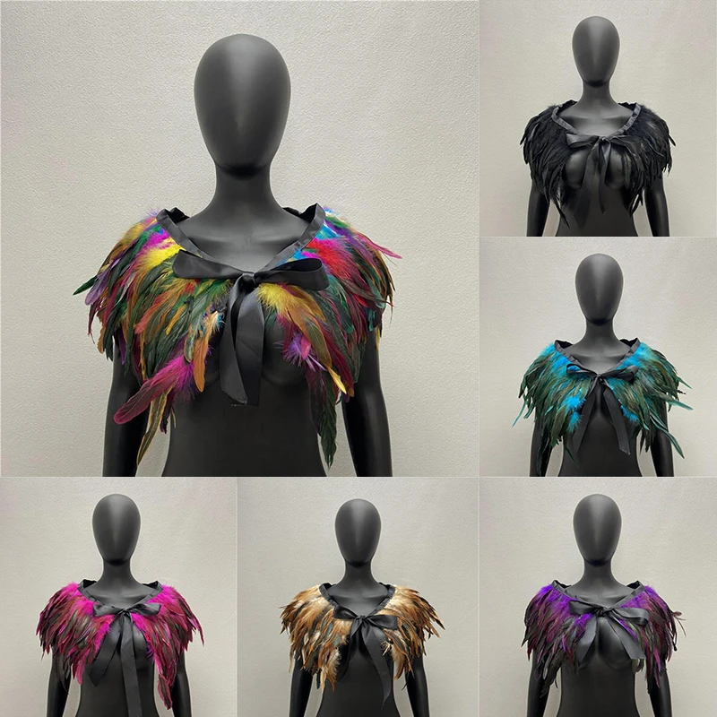 

Gothic Feather Shawl Dyed Chicken Feathers Cape Lace-Up Fake Collar Women's Prom Dress Shawl Halloween Cosplay Apparel Decor