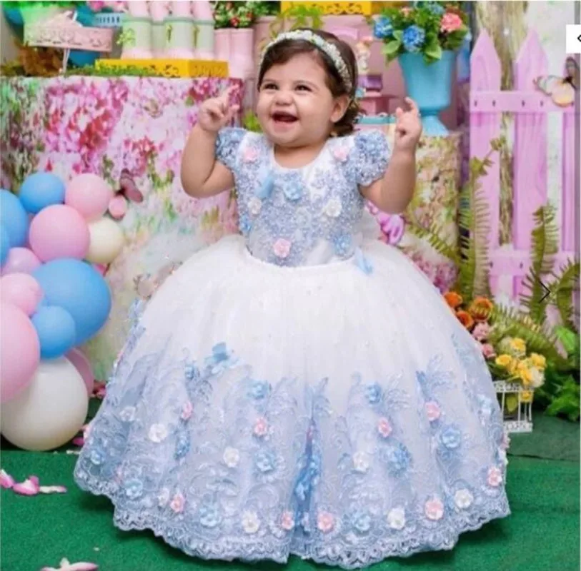 Vestido de baile hinchado para niñas, vestidos de bebé, apliques de tul de encaje Floral, vestido de desfile de fiesta de cumpleaños de princesa esponjosa, vestido de Navidad