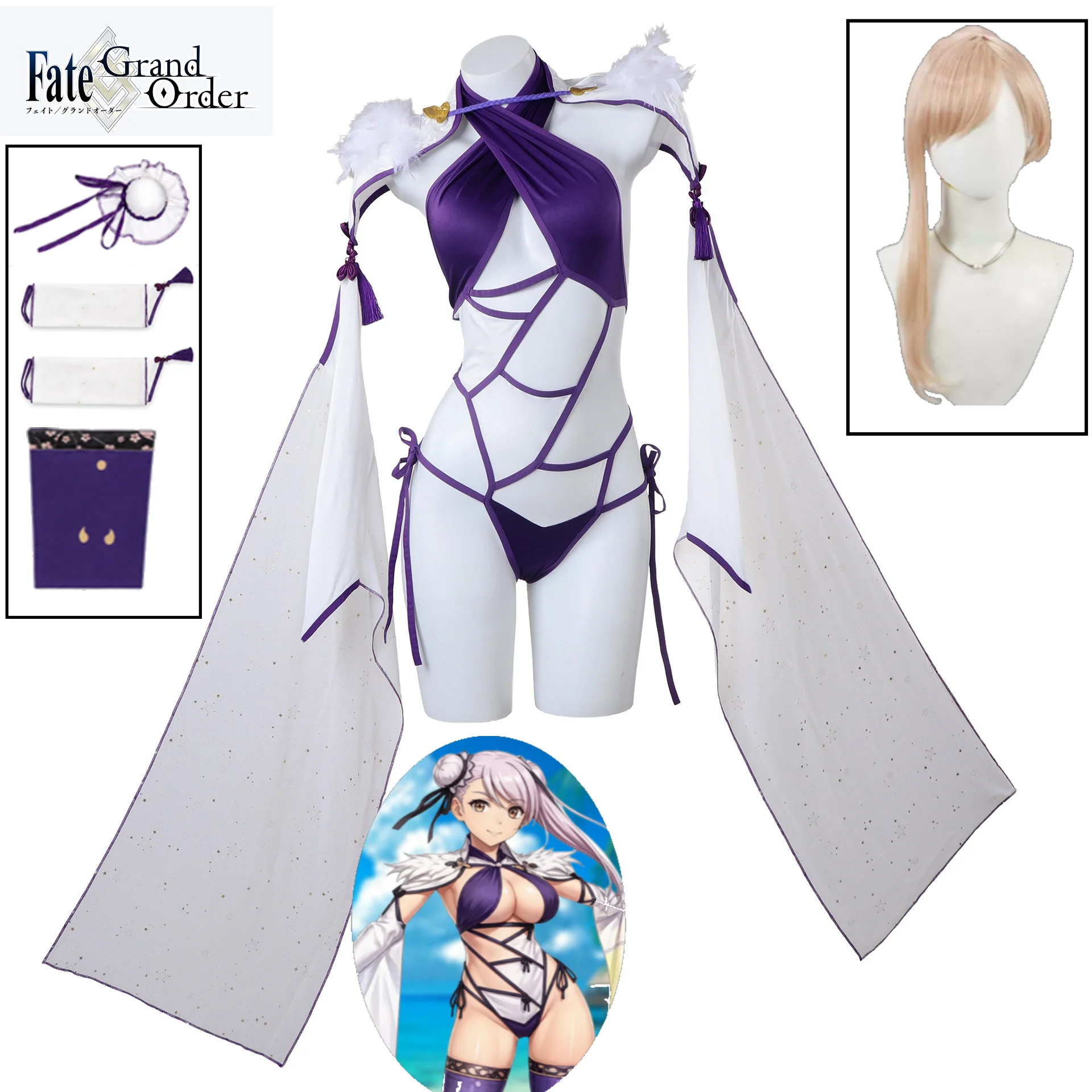 FGO Fate Miyamoto Musashi Cosplay Costume Cosplay Full Set Purple White Wafu Modified Battle Suit Wig for Convention Halloween