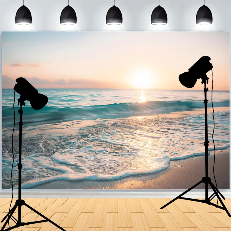 Blue Sea Waves Beach Coastline Photography Background  Sea  Breeze Sunset Glow Seagulls Sunlight Studio Backdrops DW-43
