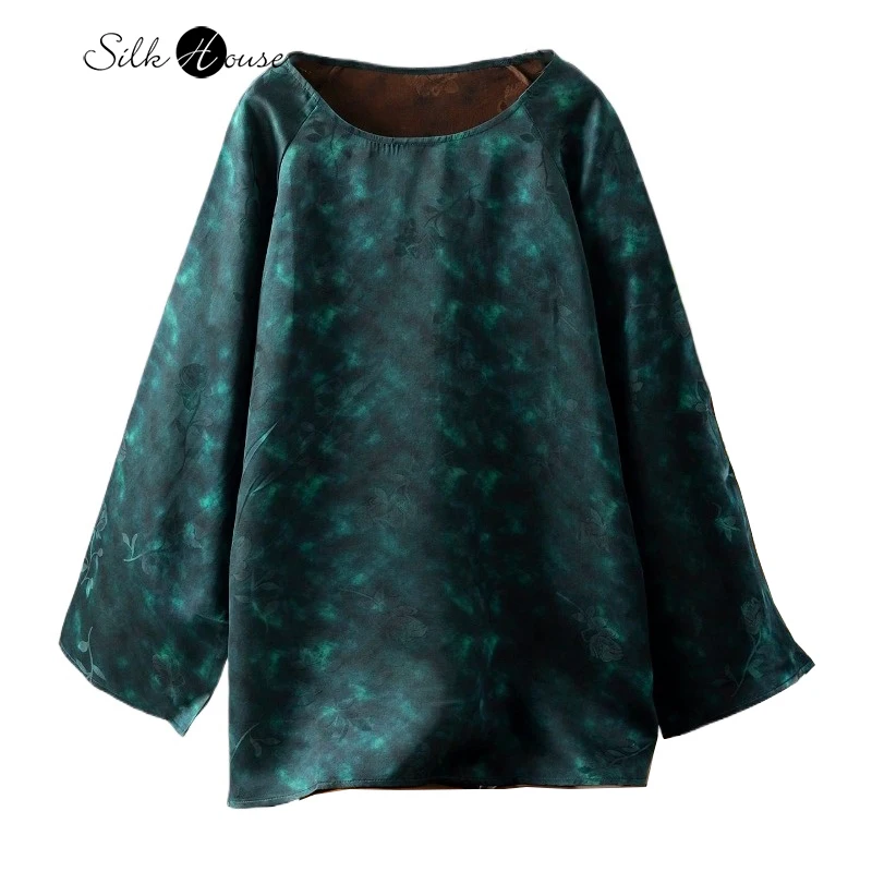 

2026 Women's Spring New 100% Natural Mulberry Silk Fragrant Cloud Yarn Ink Green Dyeing Retro Round Neck Long Sleeve T-shirt