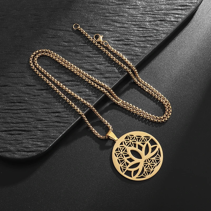 Stainless Steel Vintage Buddhist Lotus Pendant Necklace Men Women Fashion Bohemian Aesthetic Jewelry Gift