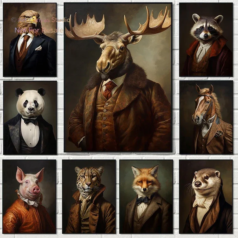 2027Renaissance Rabbit Panda Moose Sheep Leopard Animal Portrait Poster Canvas Paintings Wall Art Pictures Home Decor