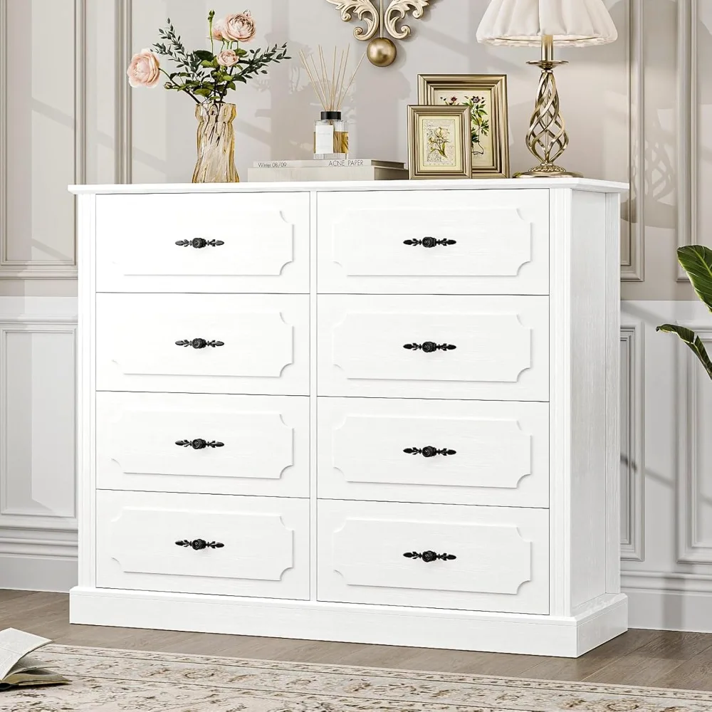 Dressers for Bedroom, White Dresser Chest of Drawers, Wood Dresser 8 Drawer with Steel Handles, , Dressers for Bedroom