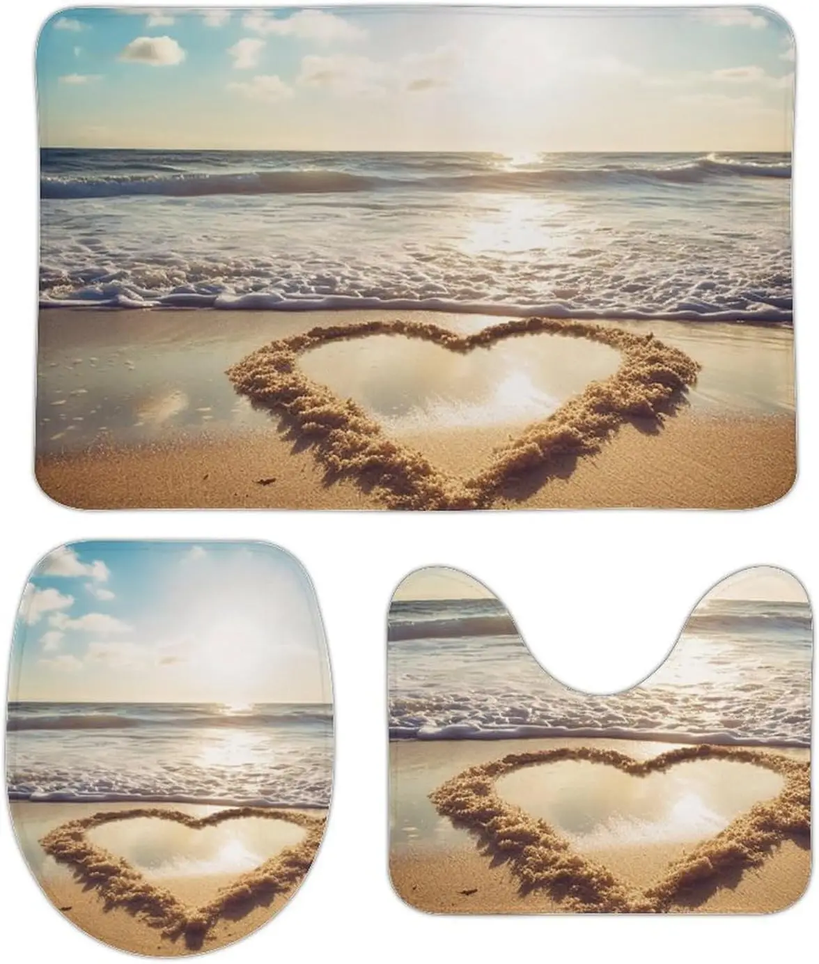 3 Piece Bath Rug Set Non Slip Absorbent Bath Mat Contour Mat with Toilet Lid Cover Heart Shape Romantic Beach Soft Floor Mats