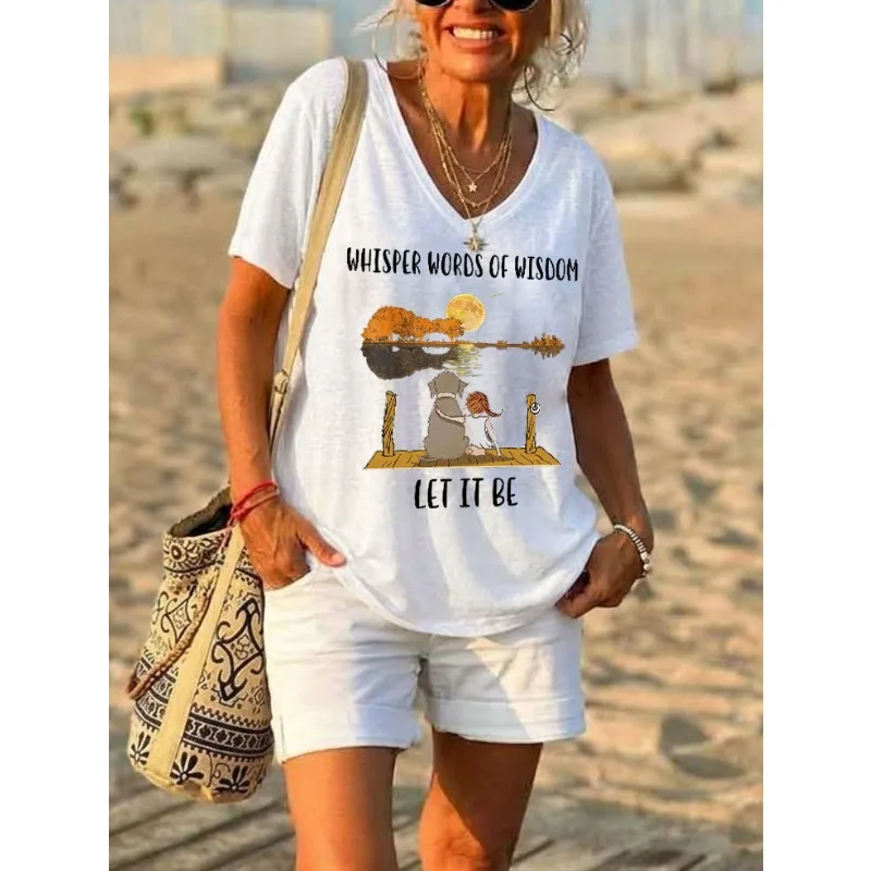 ilstile Women's Hippie Sunset Print T-Shirts Summer Beach Short Sleeve Casual Loose V Neck Tops White Tees HOT