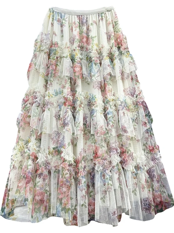 

Spring Summer New High Waist Elastic Splice Net Skirt Irregular Print Women's f-length Skirt with Lace Hem Korean Sle Co...