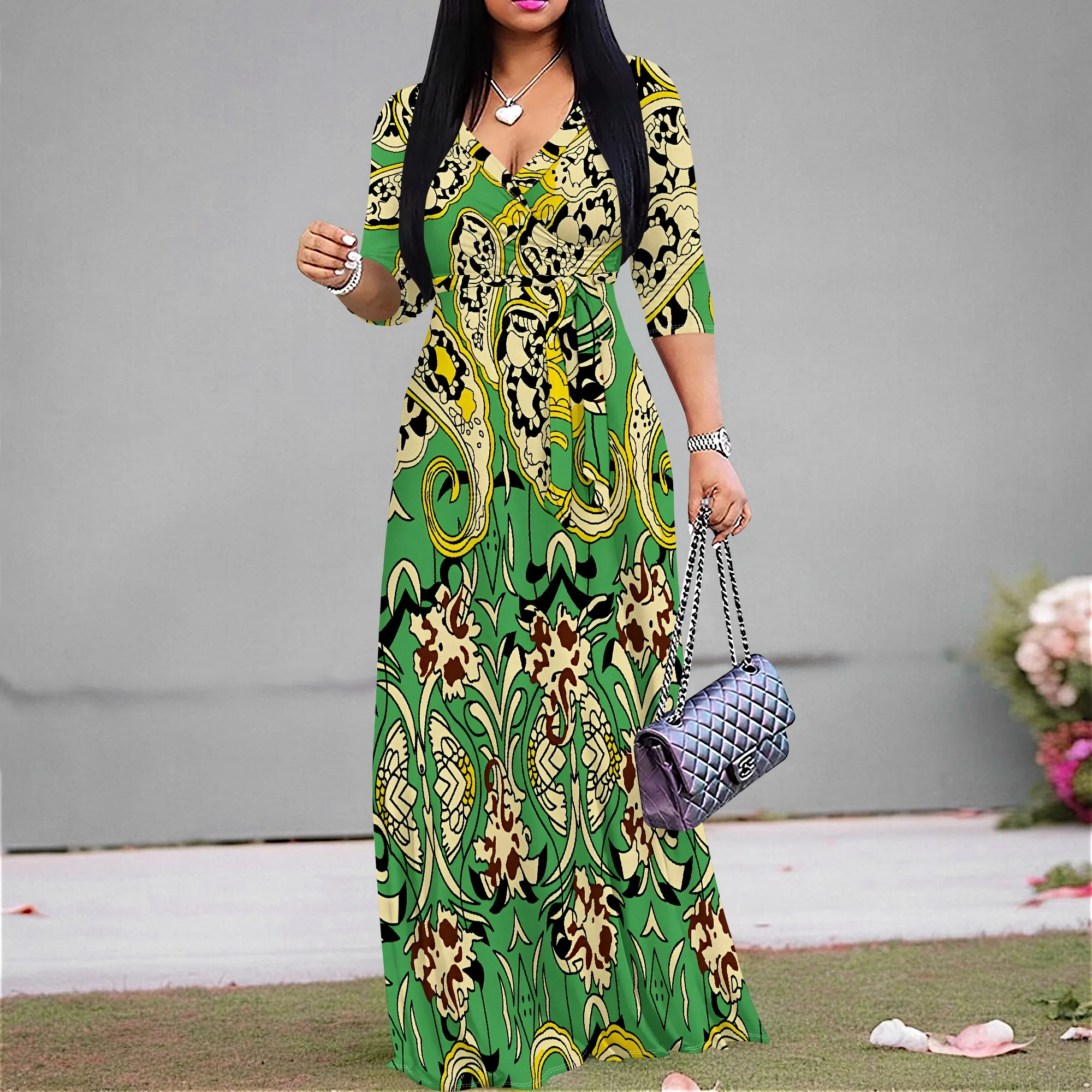 

Women's Short Sleeve Sexy V Neck Loose Boho Long Dress Fashion Printed Split Hem Club Party Casual Vacation Maxi Dress