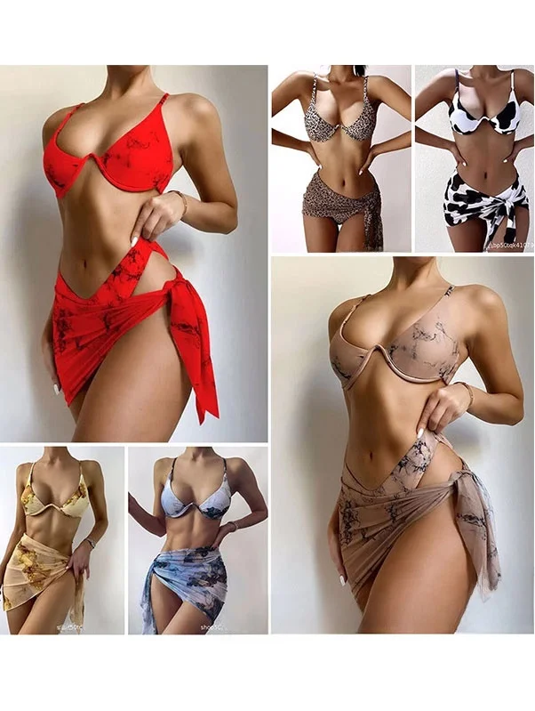 

2026 Sexy Lace Bikini Tee-piece Set Women's Print Swimsuit Gathered Separate V-ne Polyester Sports/Yoga/Fitn/Fan Gear
