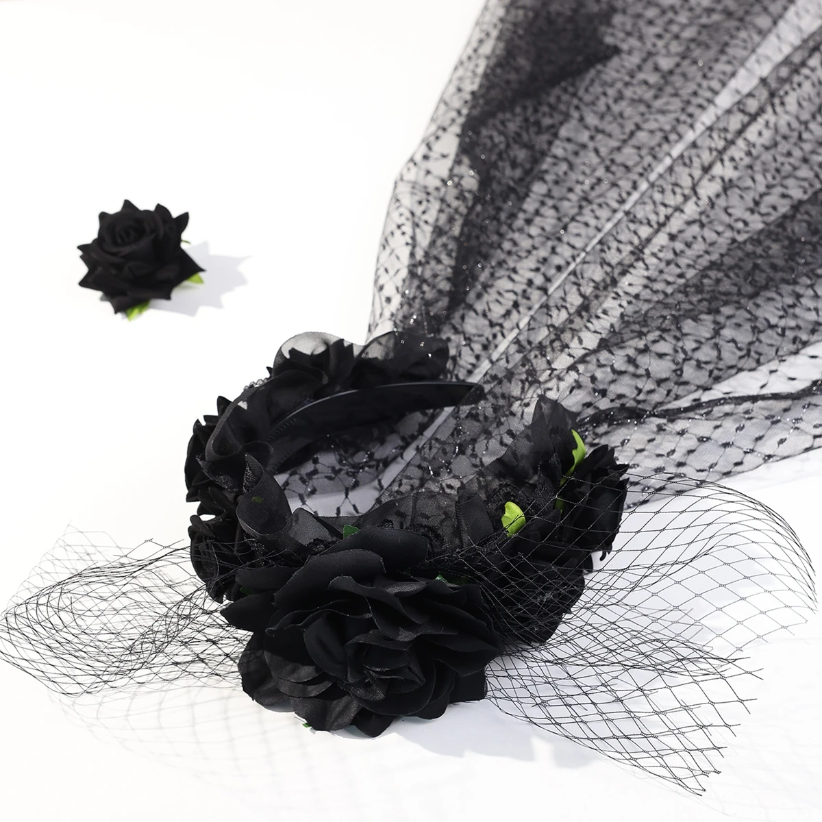 Black Rose Flowers Handmade Lace Hairbands With Veil For Halloween Party Women Bridal Headbands Hair Accessories image 6