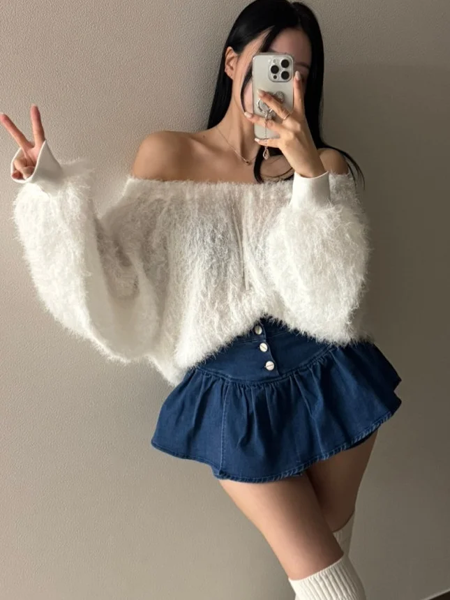 

Wrinkled Petal Denim Jeans Women's Vintage Wash High Waist Single Button Anti Exposure A-Line Shorts Skirt Pants Summer