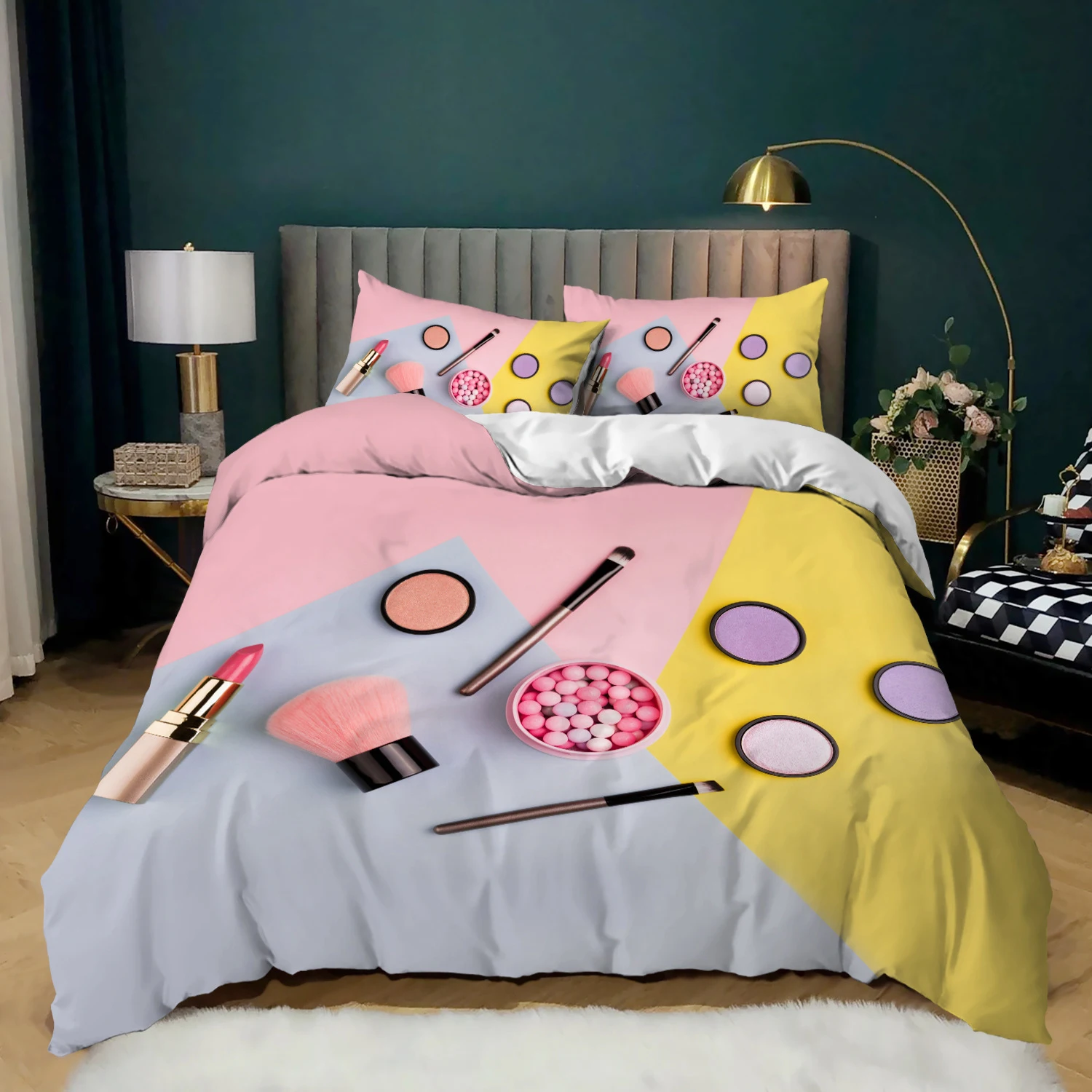 

Cosmetic Duvet Cover Set King Size Makeup Theme Bedding Set Lipstick Mascara Eye Shadow Modern Soft Microfiber Comforter Cover