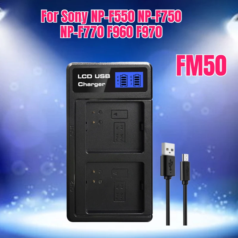 

LCD Dual USB Battery Charger FM50 for Sony NP-F550 NP-F750 NP-F770 F960 F970 LED Video Light NP-F Battery