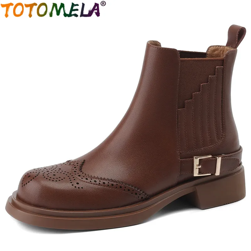 

TOTOMELA 2024 New Retro Slip On Ankle Chelsea Boots Women Genuine Leather Buckle Winter Boots Square Med Heels Platform Shoes