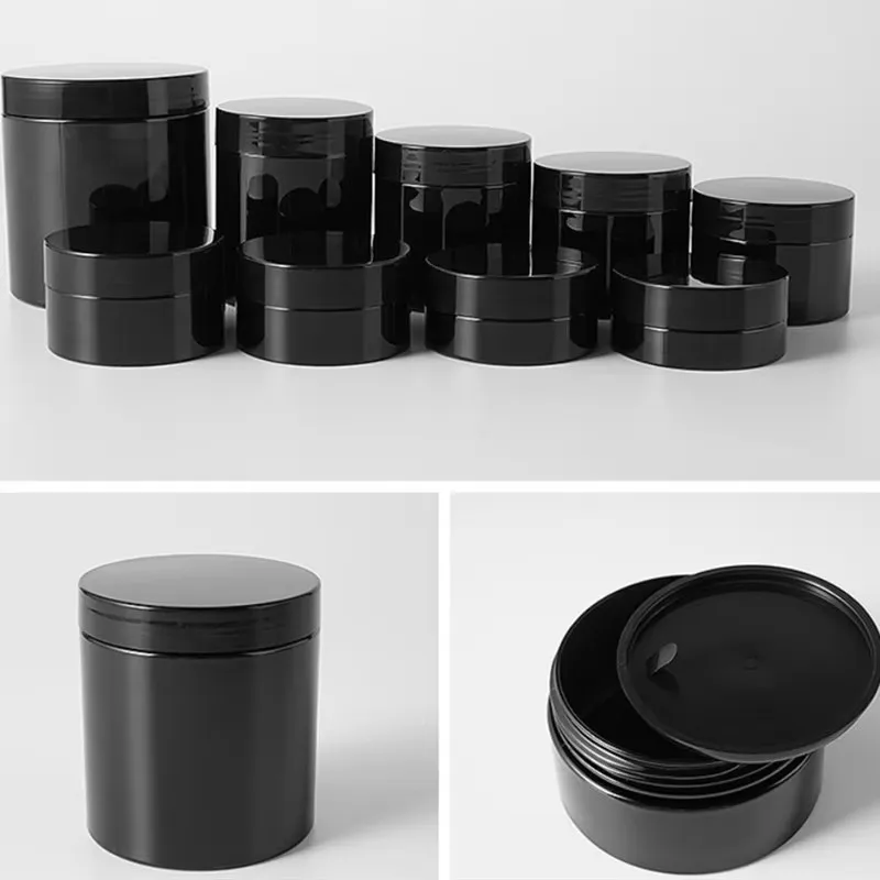 

50ml-500ml Black PET Plastic Cosmetic Jars Bottles with Lids & Inner Cover Refillable BPA Free Leak-Proof for Hair Wax, Mud Mask