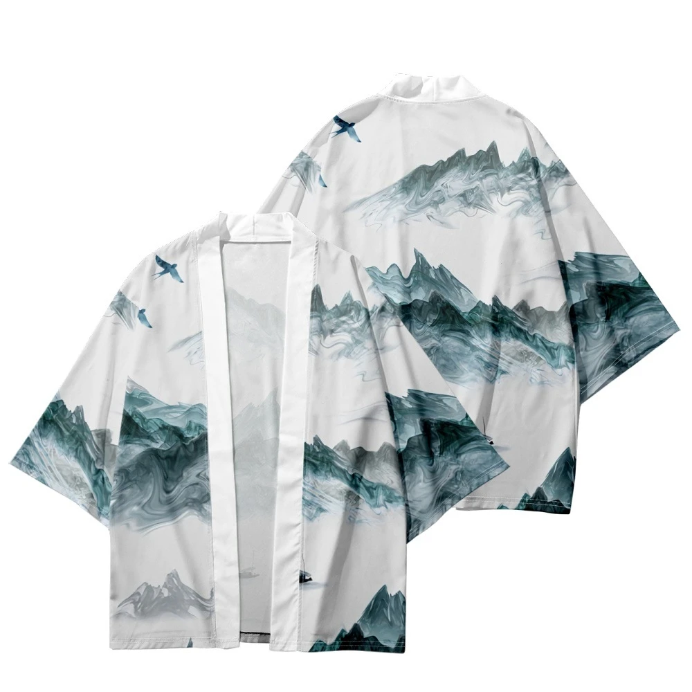 Summer Traditional Kimono Japanese Clothes Cardigan Tops Men Women Yukata Chinese Style Landscape Painting Print Haori Shirt