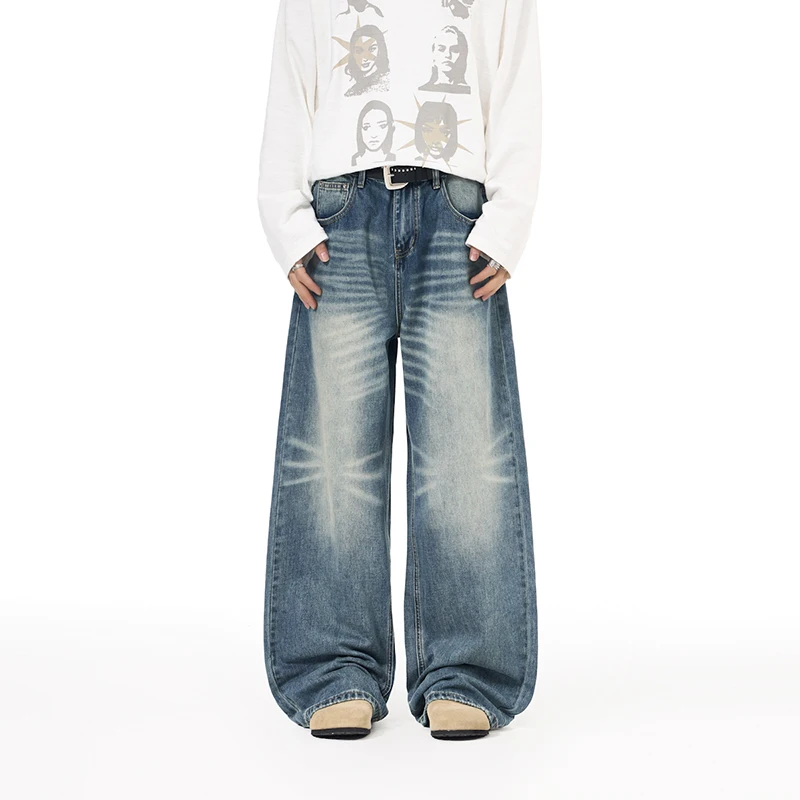 

Мужские джинсы в американском стиле с эффектом потертости, унисекс, свободные, широкие штанины, винтажные, прямые, повседневные, джинсовые брюки, новинка 2026 года, стильные