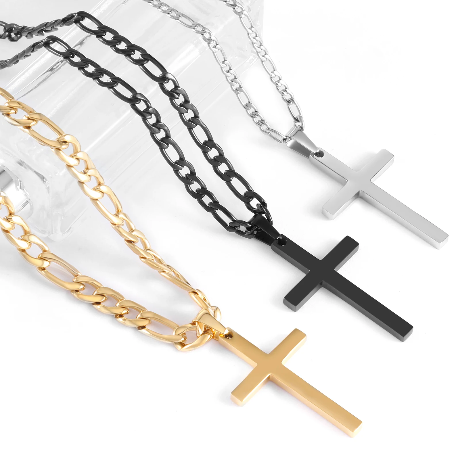 

Stainless Steel Cross Pendant Necklaces For Men Women Gold-Plated Figaro NK Chain Christian Hip-Hop Jewelry