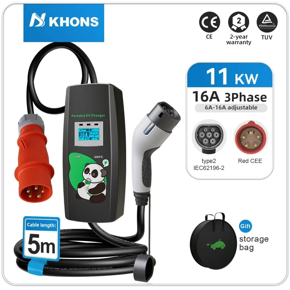 

Khons 11KW Electric Car Charger 3Phase 16A Portable Charger Type2 EVSE Charging Box Cee Plug IEC62196 Electric Car Charger