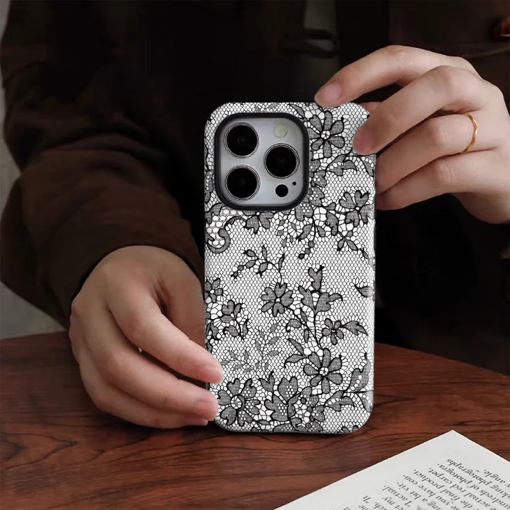 Ins Lace Patterned Silver Flower Case for IPHONE 17 16ProMax 15 14 13 12 11 PRO Plus Acrylic TPU Two in One Magnetic Phone Cases