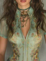 Vintage Floral Zip-up Sheer Slim Fit Blouse Top for Women Mandarin Collar Short Sleeve Top Summer Elegant Boho Shirt Blouse 4